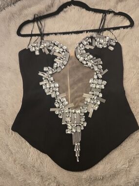 AKIRA Black Embellished Rhinestone Bustier Bodysuit